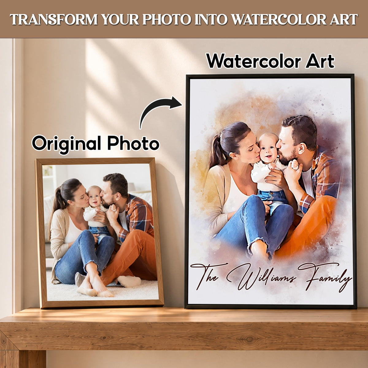 Custom Photo Watercolor Family Portrait with Family Last Name Canvas - Personalized Wall Art