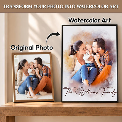 Custom Photo Watercolor Family Portrait with Family Last Name Canvas - Personalized Wall Art