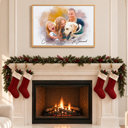 Custom Photo Watercolor Family Portrait with Family Last Name Canvas - Personalized Wall Art