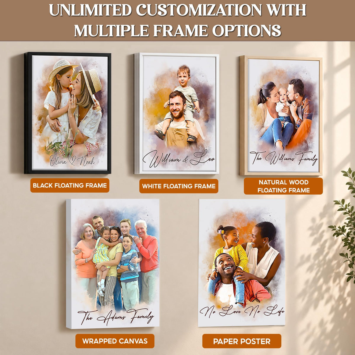 Custom Photo Watercolor Family Portrait with Family Last Name Canvas - Personalized Wall Art