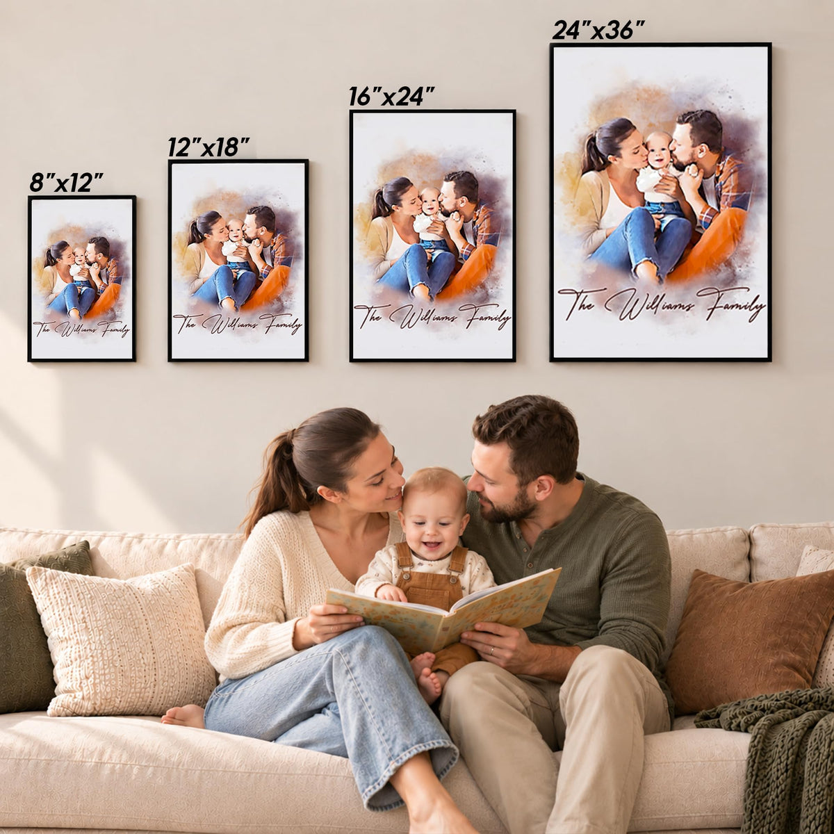 Custom Photo Watercolor Family Portrait with Family Last Name Canvas - Personalized Wall Art