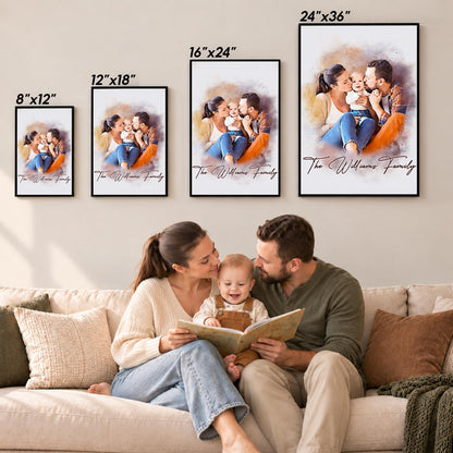 Custom Photo Watercolor Family Portrait with Family Last Name Canvas - Personalized Wall Art