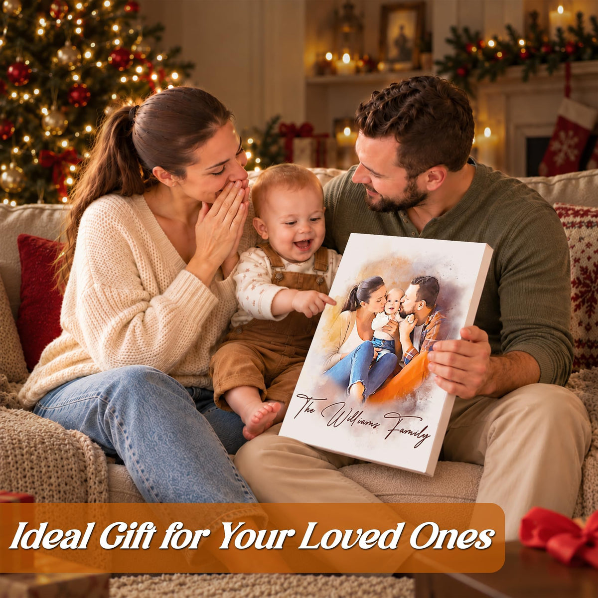Custom Photo Watercolor Family Portrait with Family Last Name Canvas - Personalized Wall Art