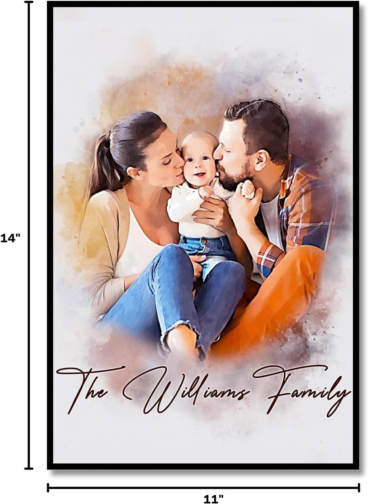 Custom Photo Watercolor Family Portrait with Family Last Name Canvas - Personalized Wall Art