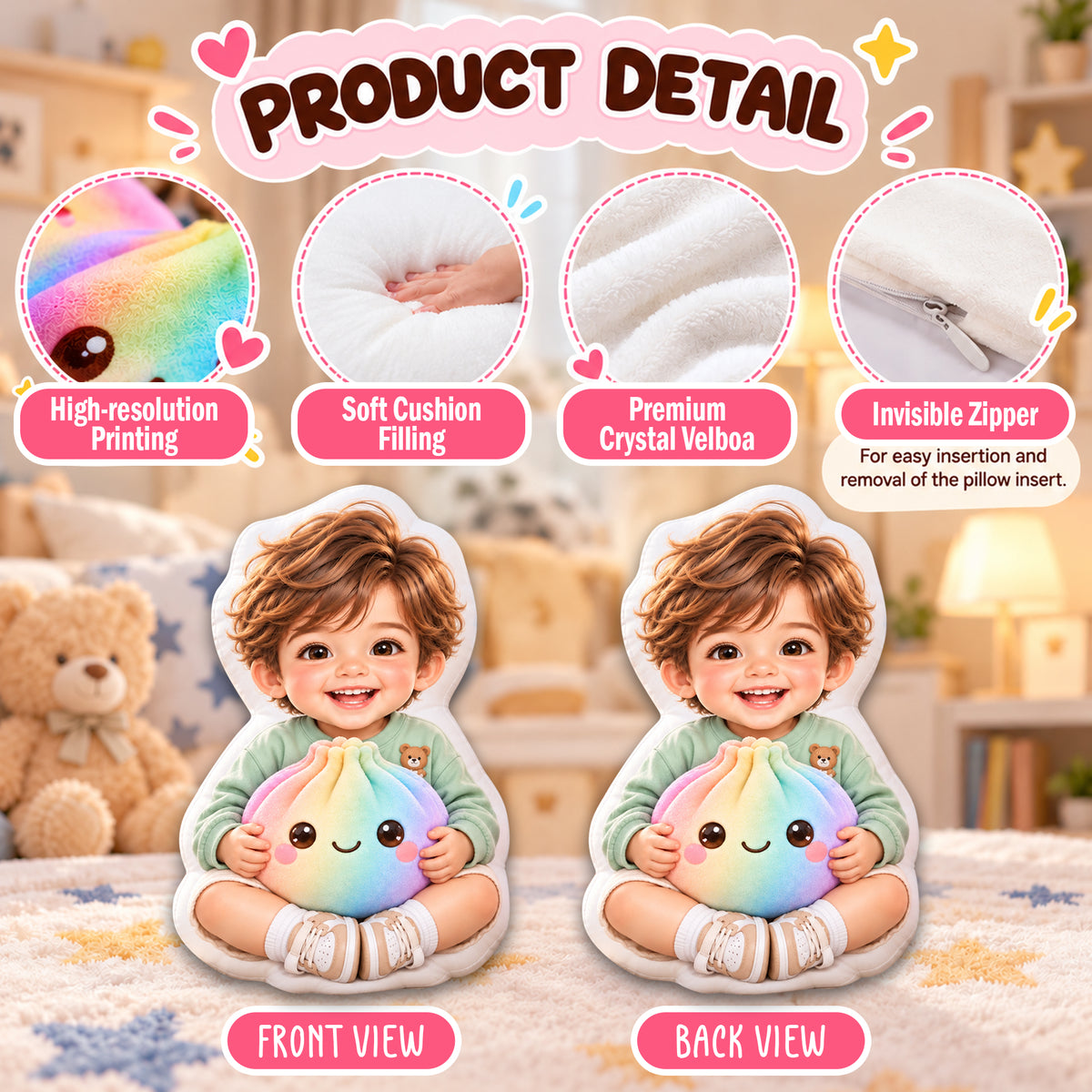 Custom Photo Rainbow Dumpling Squishy Pillow - Custom Shaped Pillow with Photo, Personalized Kids Gift