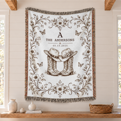 Personalized Blankets with Names and Date, Western Boots and Hats Design - Custom Woven Blanket with Fringe