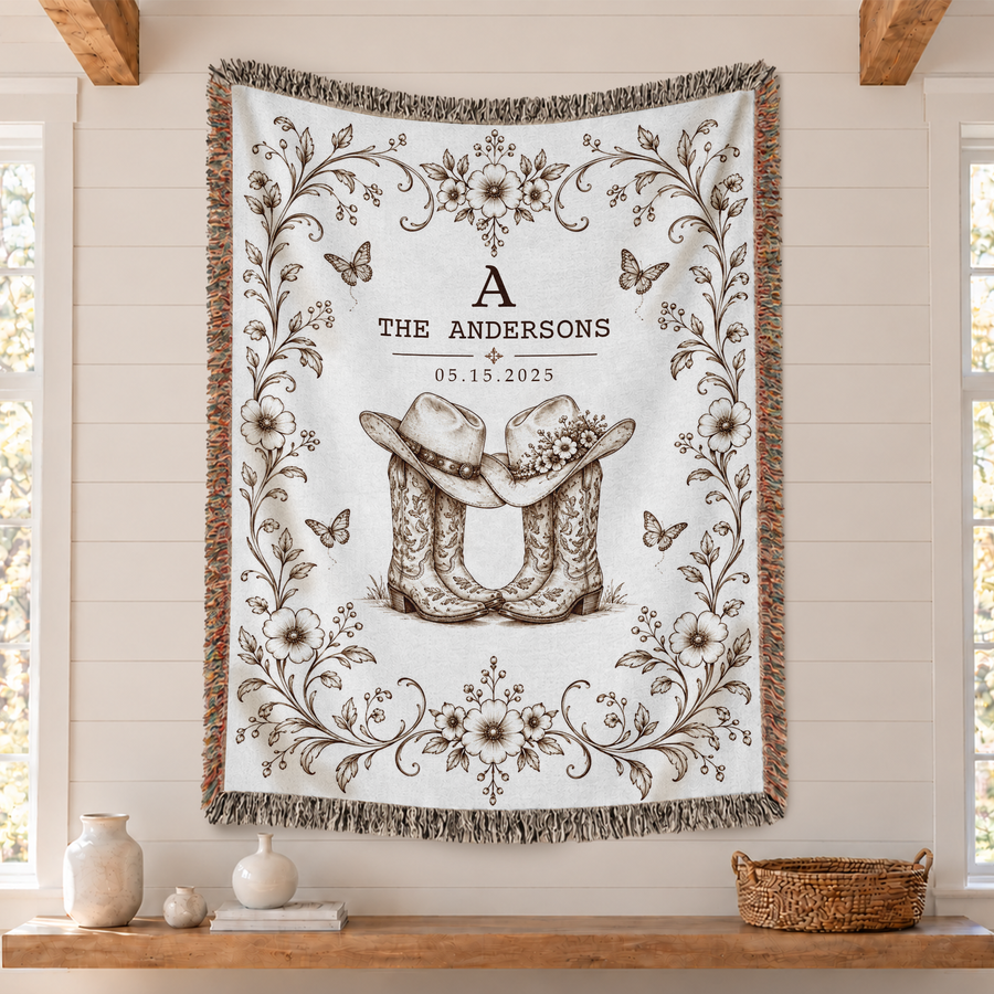 Personalized Blankets with Names and Date, Western Boots and Hats Design - Custom Woven Blanket with Fringe