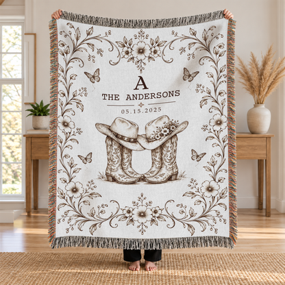 Personalized Blankets with Names and Date, Western Boots and Hats Design - Custom Woven Blanket with Fringe
