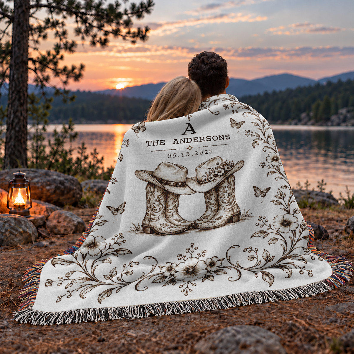 Personalized Blankets with Names and Date, Western Boots and Hats Design - Custom Woven Blanket with Fringe