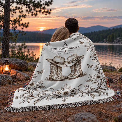 Personalized Blankets with Names and Date, Western Boots and Hats Design - Custom Woven Blanket with Fringe