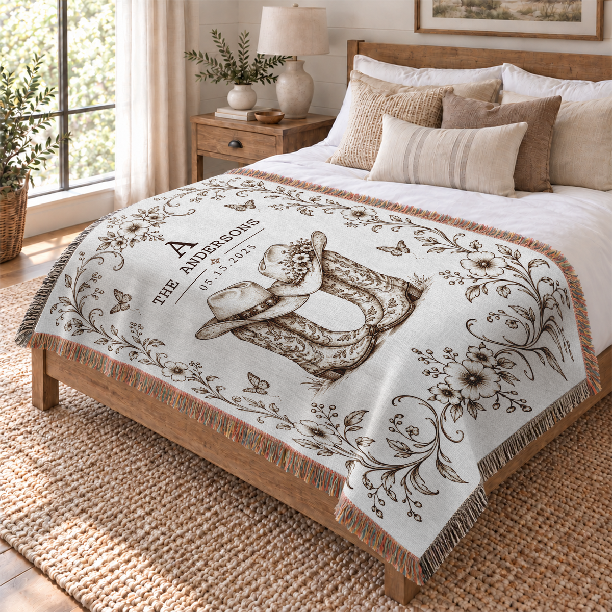Personalized Blankets with Names and Date, Western Boots and Hats Design - Custom Woven Blanket with Fringe