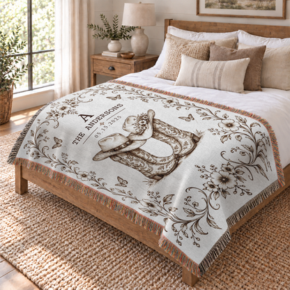 Personalized Blankets with Names and Date, Western Boots and Hats Design - Custom Woven Blanket with Fringe