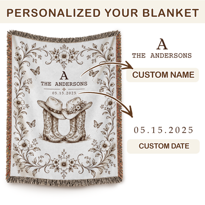 Personalized Blankets with Names and Date, Western Boots and Hats Design - Custom Woven Blanket with Fringe