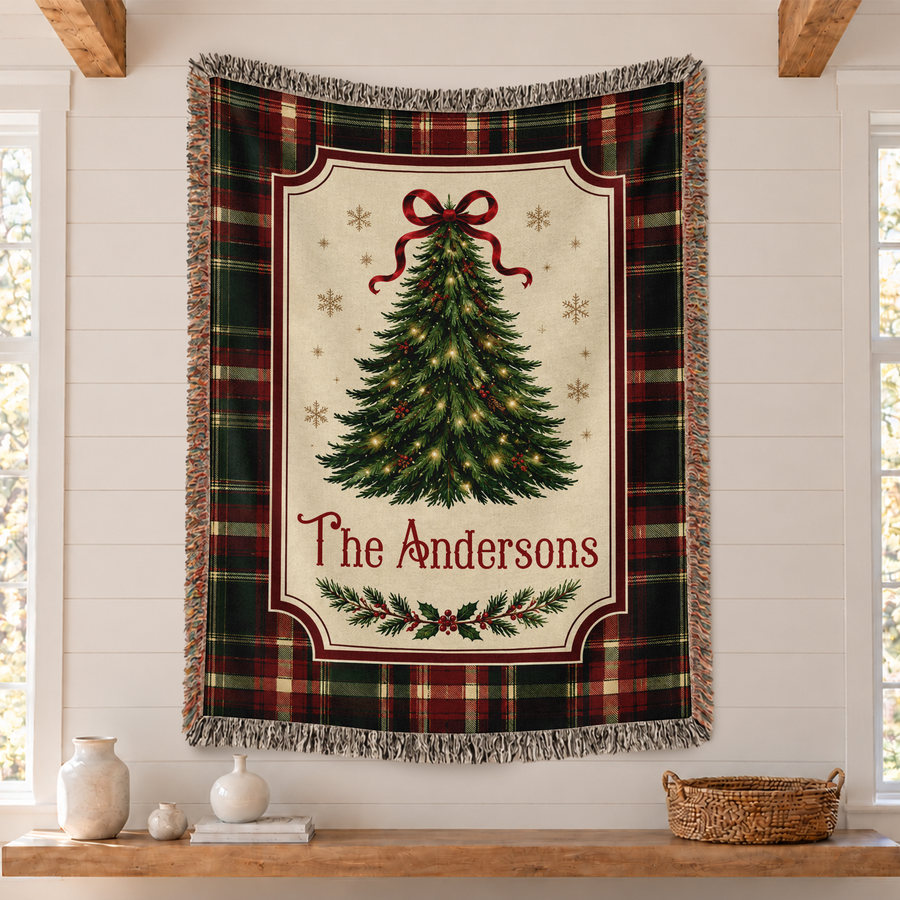 Personalized Family Name Blanket, Tartan Tree Design - Custom Woven Throw Blanket with Fringe