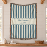 Custom Blanket with Name and Year, Blue Striped Design - Personalized Woven Blanket with Fringe