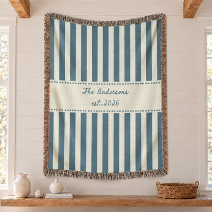 Custom Blanket with Name and Year, Blue Striped Design - Personalized Woven Blanket with Fringe