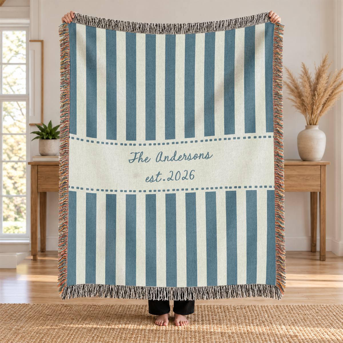 Custom Blanket with Name and Year, Blue Striped Design - Personalized Woven Blanket with Fringe