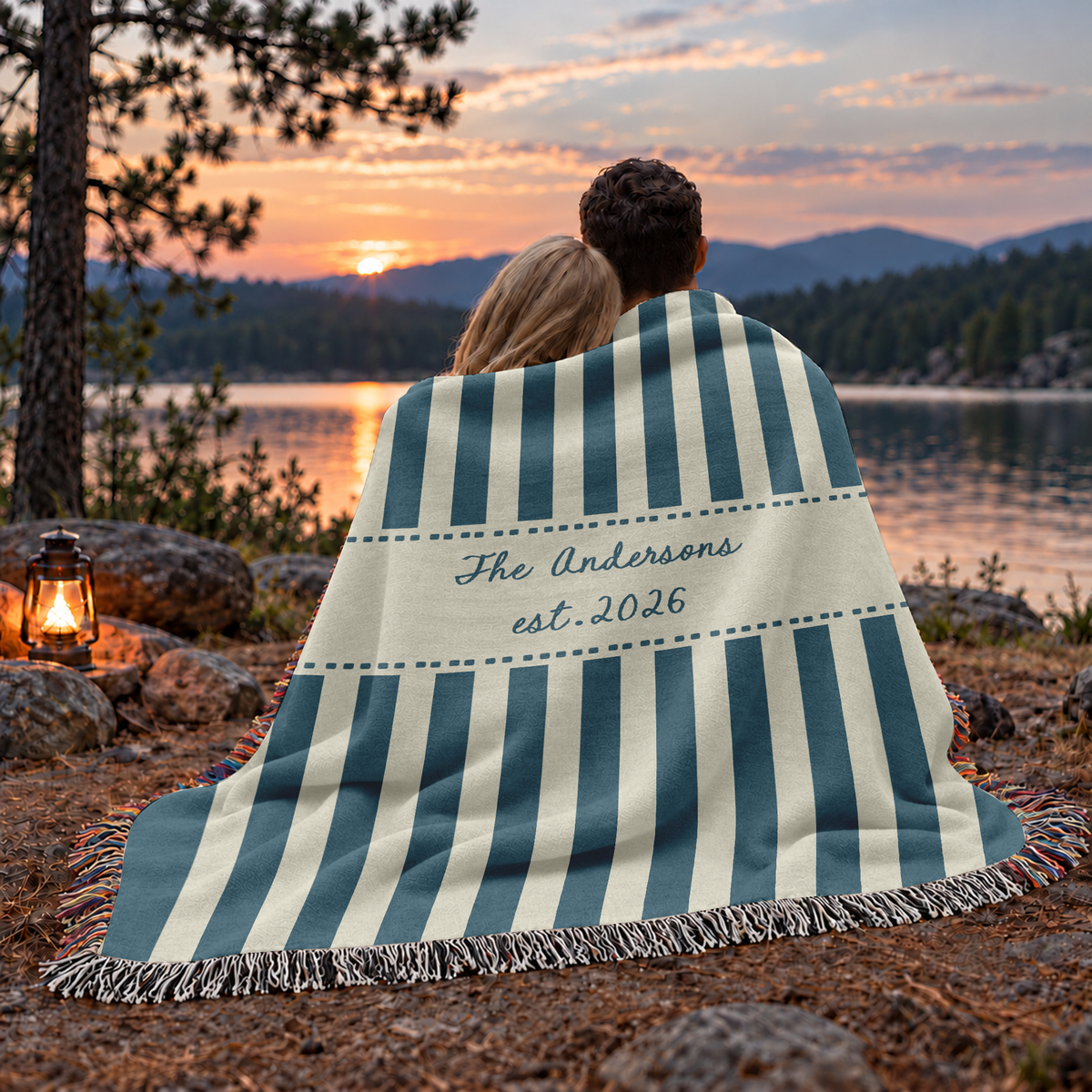 Custom Blanket with Name and Year, Blue Striped Design - Personalized Woven Blanket with Fringe