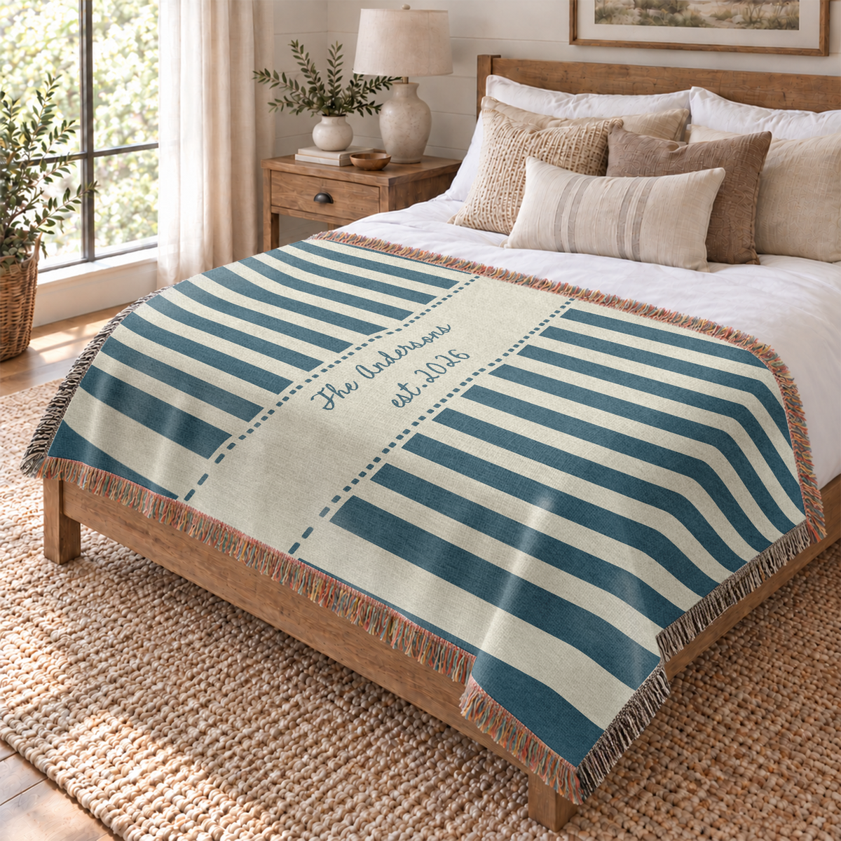 Custom Blanket with Name and Year, Blue Striped Design - Personalized Woven Blanket with Fringe