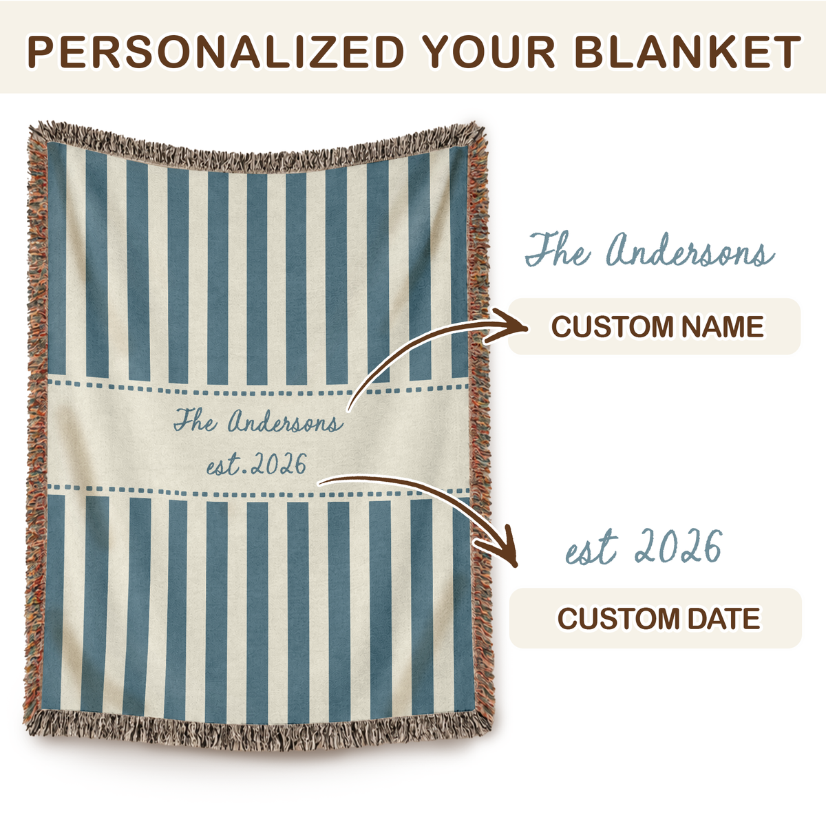 Custom Blanket with Name and Year, Blue Striped Design - Personalized Woven Blanket with Fringe