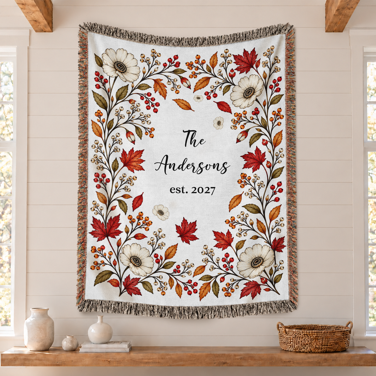 Personalized Name Blanket, Autumn Floral Design with Name and Year - Custom Tapestry Blanket with Fringe