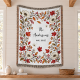 Personalized Name Blanket, Autumn Floral Design with Name and Year - Custom Tapestry Blanket with Fringe