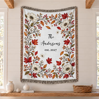 Personalized Name Blanket, Autumn Floral Design with Name and Year - Custom Tapestry Blanket with Fringe