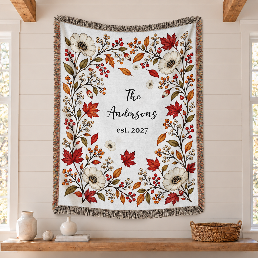 Personalized Name Blanket, Autumn Floral Design with Name and Year - Custom Tapestry Blanket with Fringe