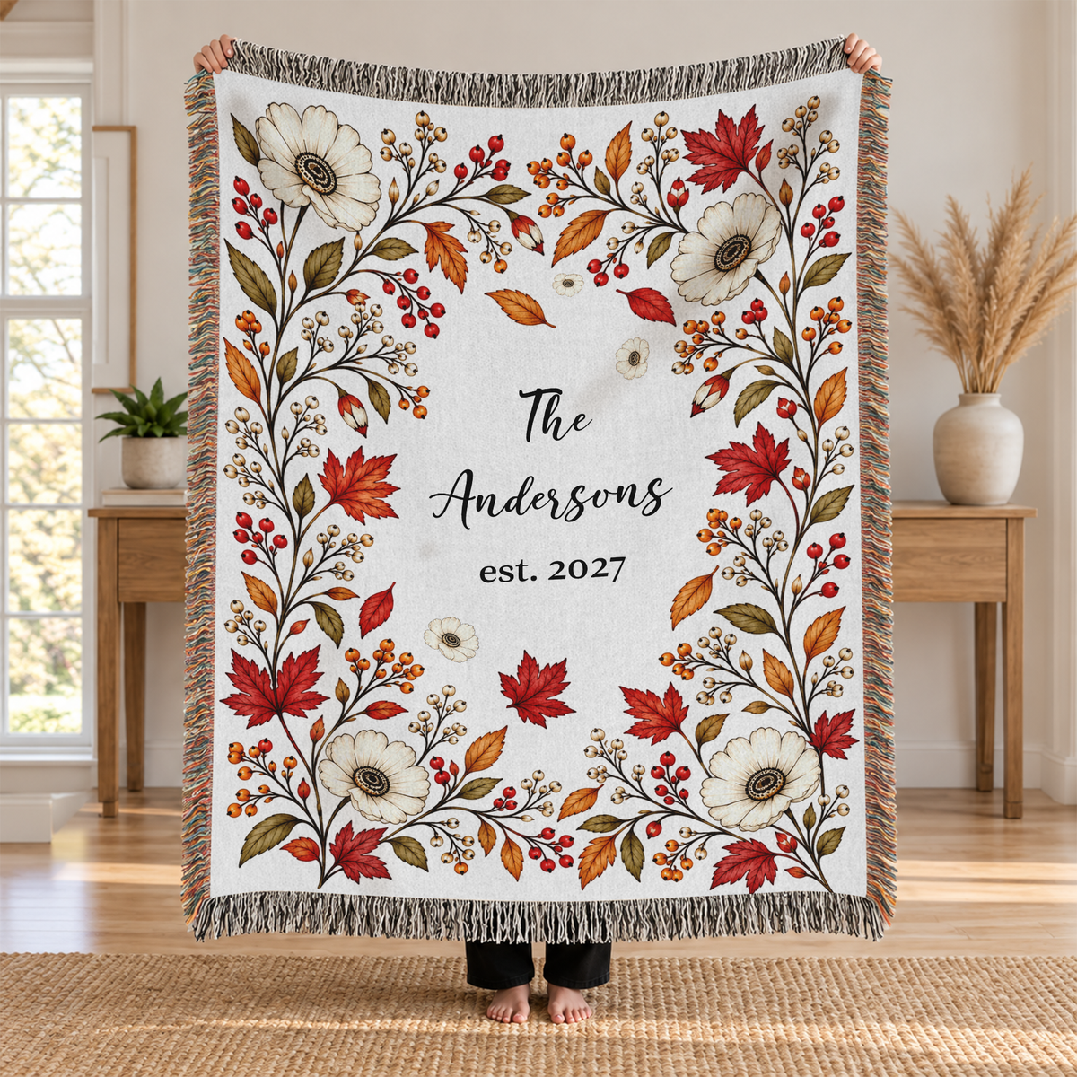 Personalized Name Blanket, Autumn Floral Design with Name and Year - Custom Tapestry Blanket with Fringe