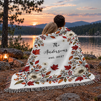 Personalized Name Blanket, Autumn Floral Design with Name and Year - Custom Tapestry Blanket with Fringe