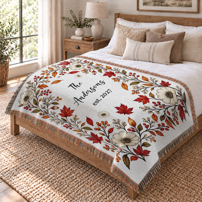 Personalized Name Blanket, Autumn Floral Design with Name and Year - Custom Tapestry Blanket with Fringe