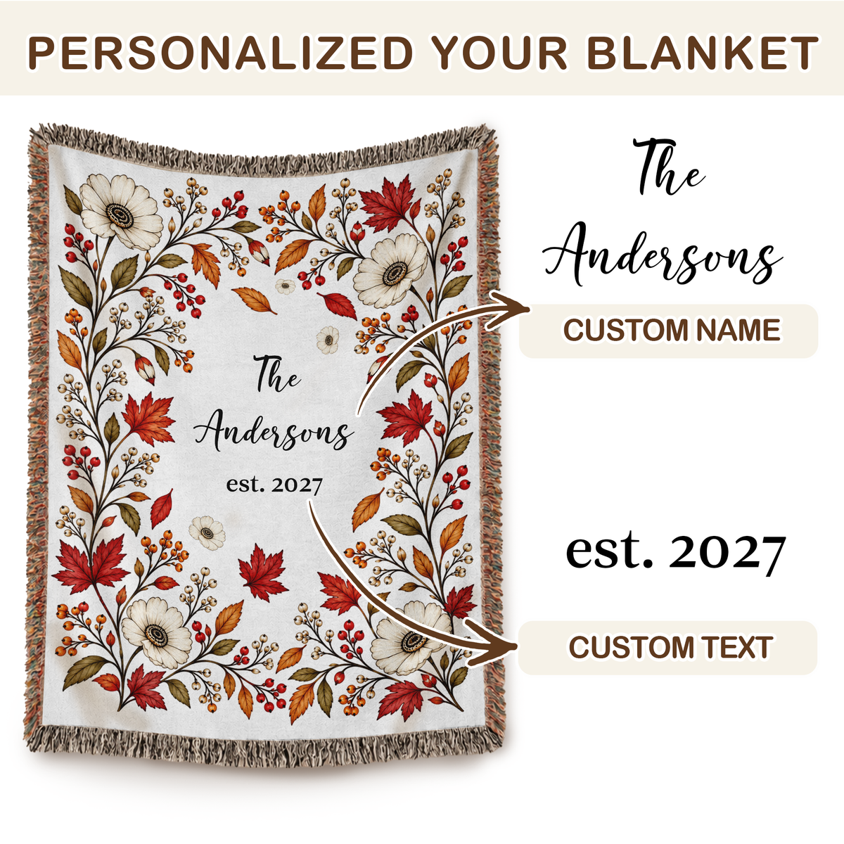 Personalized Name Blanket, Autumn Floral Design with Name and Year - Custom Tapestry Blanket with Fringe