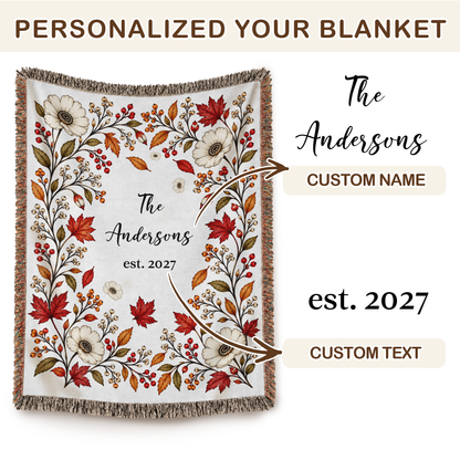 Personalized Name Blanket, Autumn Floral Design with Name and Year - Custom Tapestry Blanket with Fringe