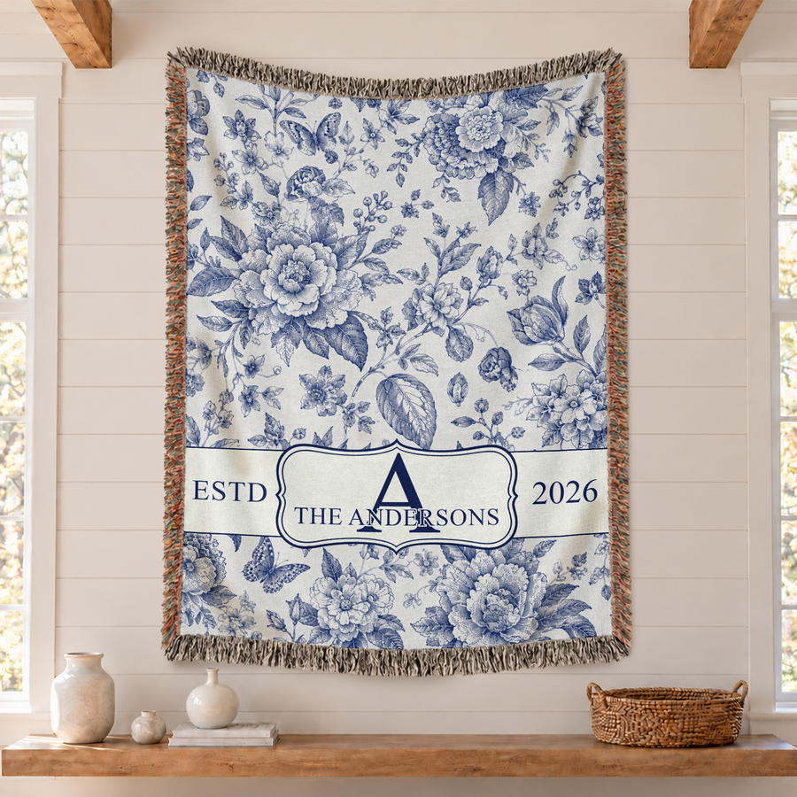 Custom Monogram Blanket with Family Name and Date, Navy Floral Toile - Personalized Woven Throw Blankets