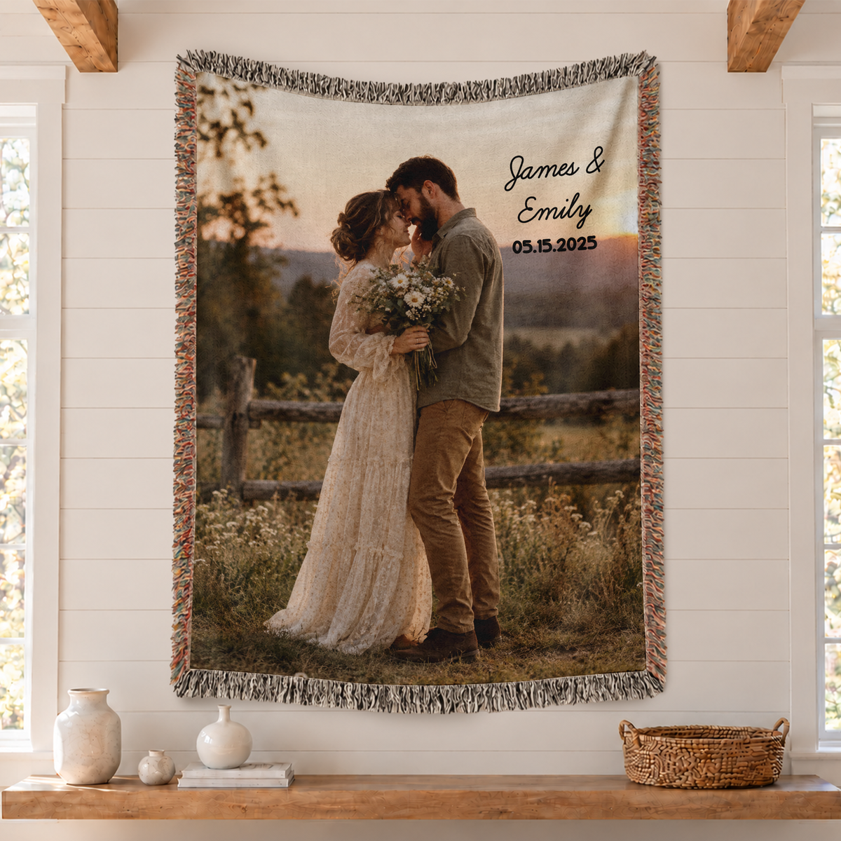 Woven Photo Blanket with Names and Date - Custom Couple Blanket with Your Photo and Fringe