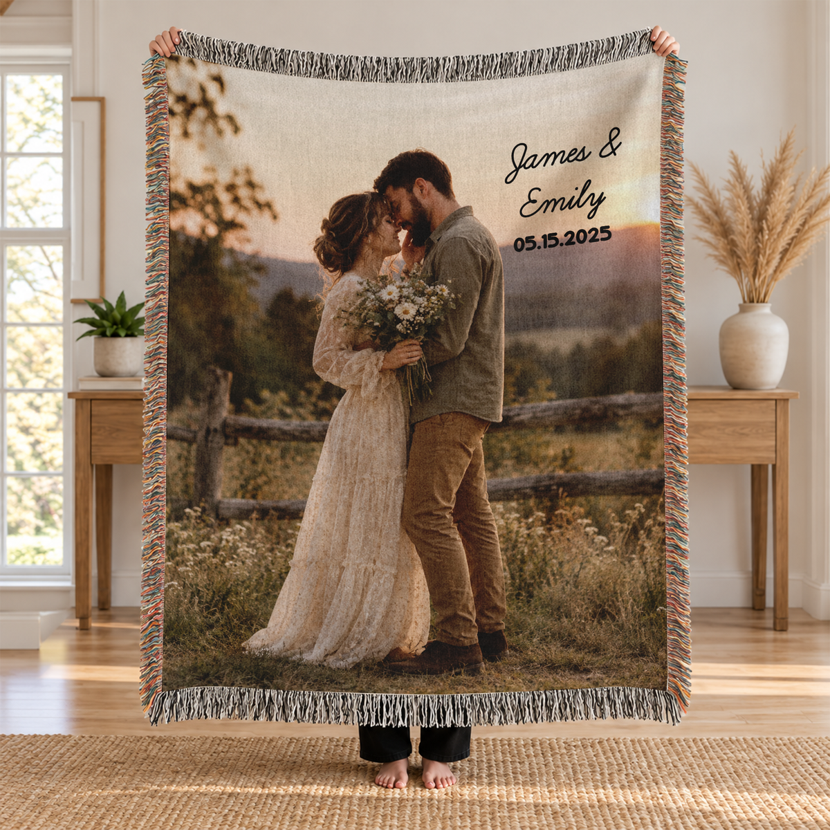 Woven Photo Blanket with Names and Date - Custom Couple Blanket with Your Photo and Fringe