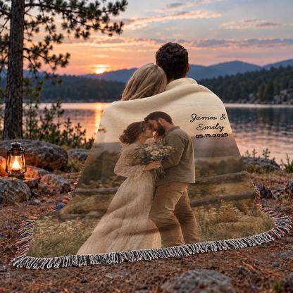 Woven Photo Blanket with Names and Date - Custom Couple Blanket with Your Photo and Fringe