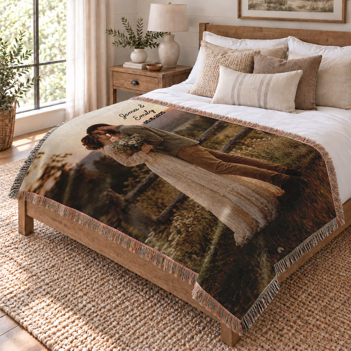 Woven Photo Blanket with Names and Date - Custom Couple Blanket with Your Photo and Fringe