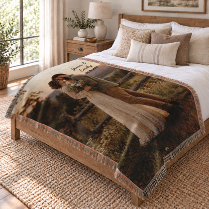 Woven Photo Blanket with Names and Date - Custom Couple Blanket with Your Photo and Fringe