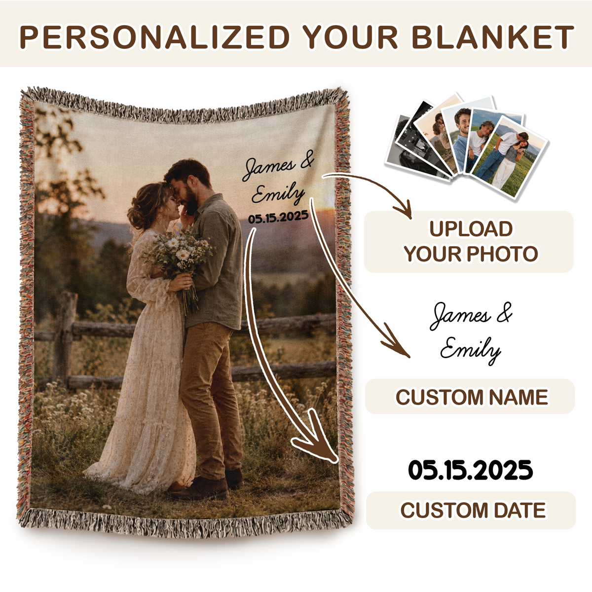 Woven Photo Blanket with Names and Date - Custom Couple Blanket with Your Photo and Fringe