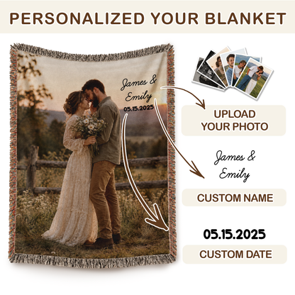 Woven Photo Blanket with Names and Date - Custom Couple Blanket with Your Photo and Fringe