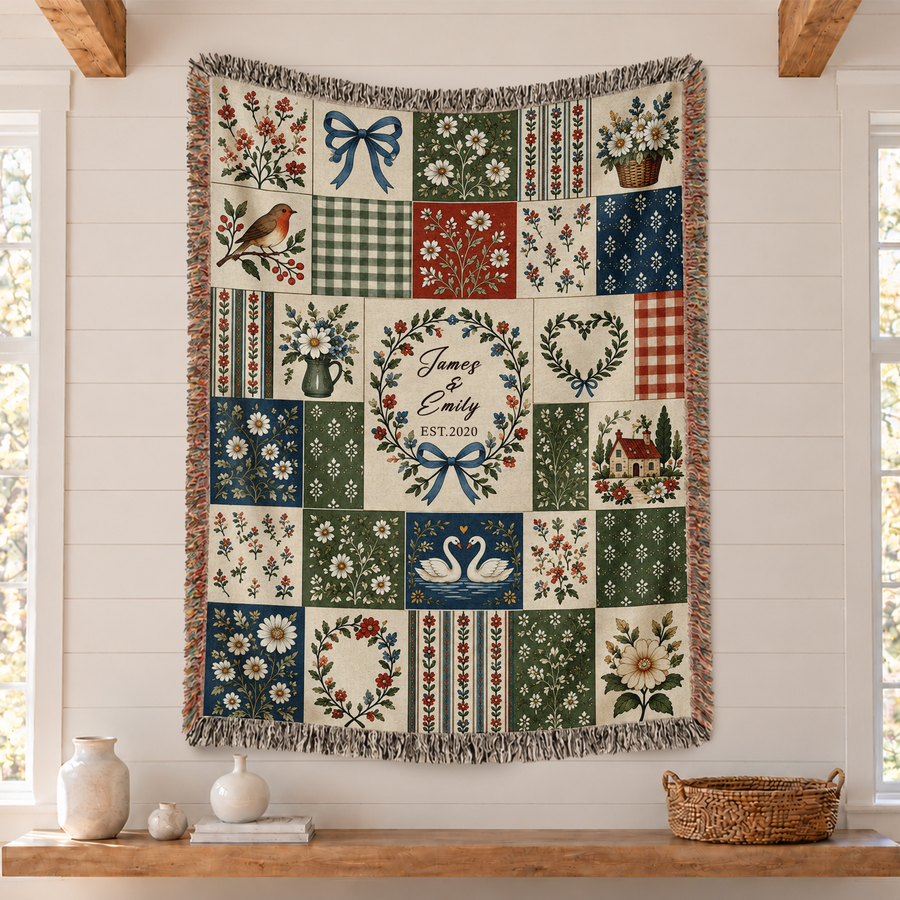 Custom Couple Blanket with Names and Date, Cottagecore Patchwork Design - Personalized Woven Blanket