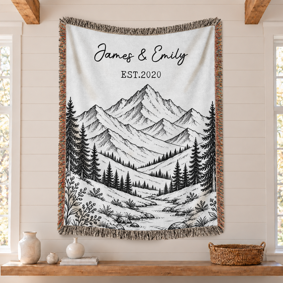 Personalized Blanket for Couples with Names and Date, Mountain Landscape - Custom Woven Blankets with Fringe