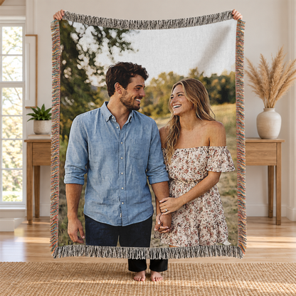 Custom Photo Blanket for Couples - Personalized Woven Picture Blanket with Fringe