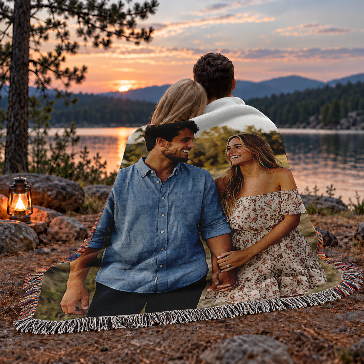 Custom Photo Blanket for Couples - Personalized Woven Picture Blanket with Fringe