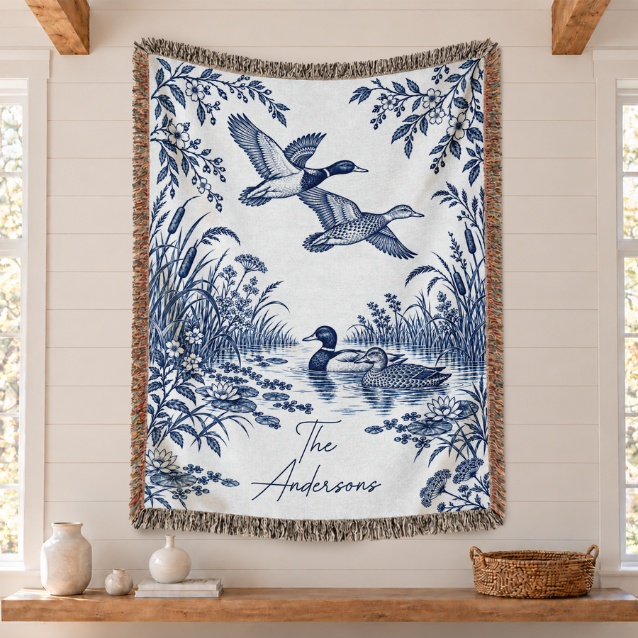 Personalized Throw Blanket with Family Name, Blue Mallard Duck Pond Design - Custom Woven Blanket with Fringe