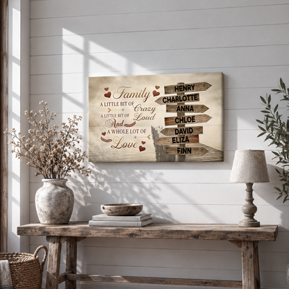 Custom Family Street Sign A Little Bit of Crazy Red Hearts Canvas - Personalized Wall Art