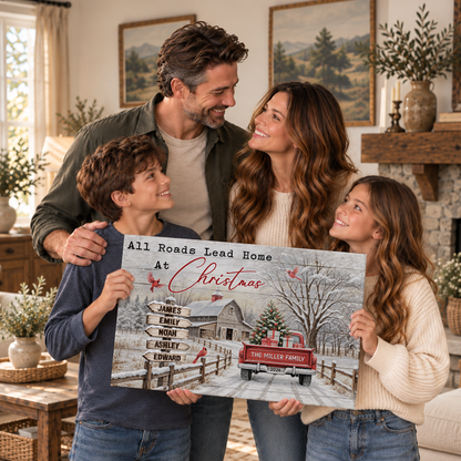 Custom Family Street Sign All Roads Lead Home Christmas Barn Canvas - Personalized Wall Art
