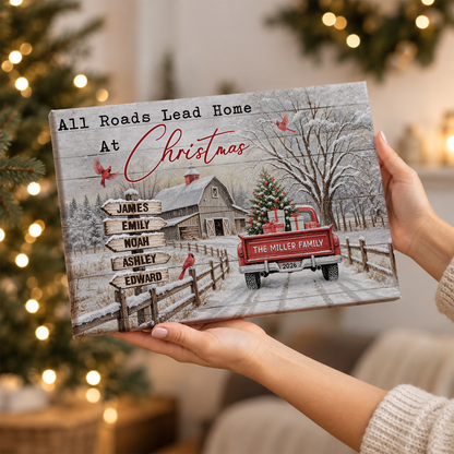 Custom Family Street Sign All Roads Lead Home Christmas Barn Canvas - Personalized Wall Art