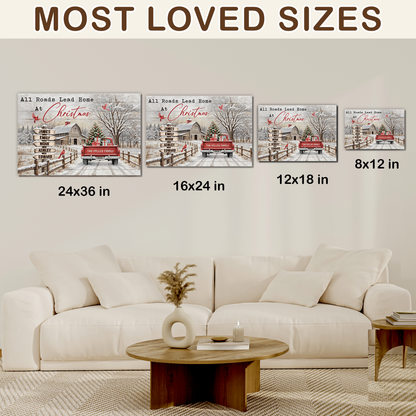 Custom Family Street Sign All Roads Lead Home Christmas Barn Canvas - Personalized Wall Art